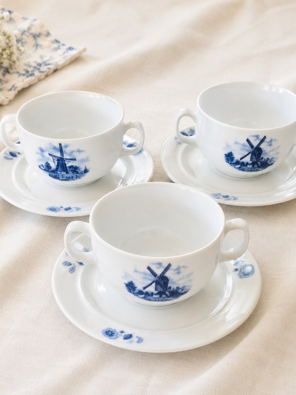 Vintage Dutch Delft Blue Tea Cups Saucers Set Of 3 Windmill Holland Ter Steege